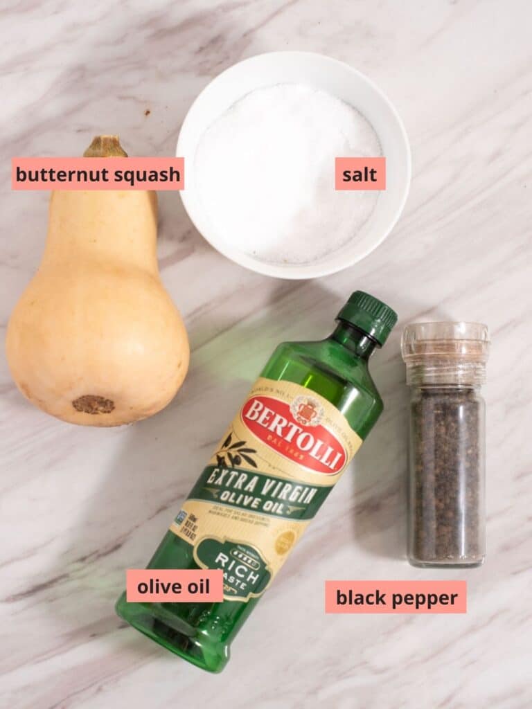 Labeled ingredients used to make butternut squash.