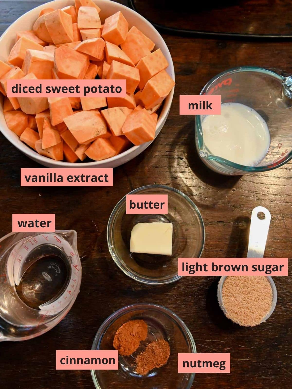 Labeled ingredients used to make mashed sweet potatoes