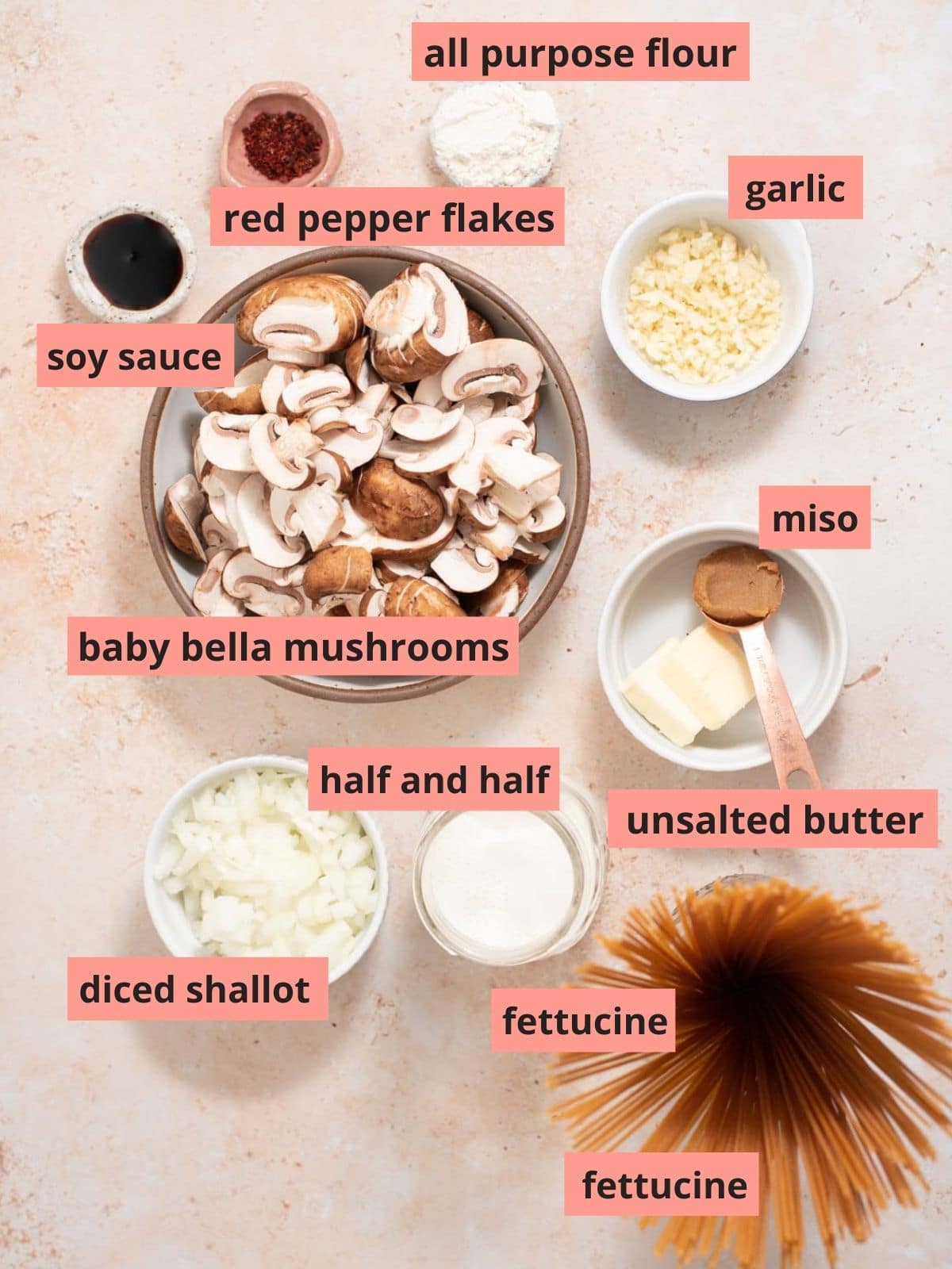 Labeled ingredients used to make mushroom pasta