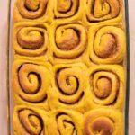 Twelve unfrosted pumpkin cinnamon rolls in a glass container