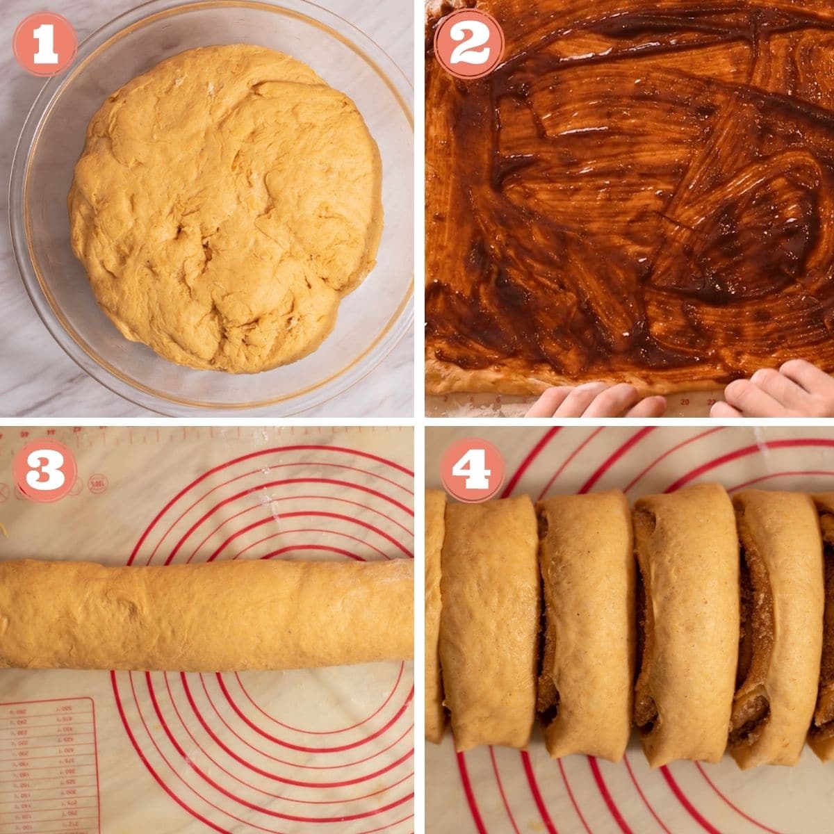 Steps 1 through 4 to prepare and slice cinnamon rolls.