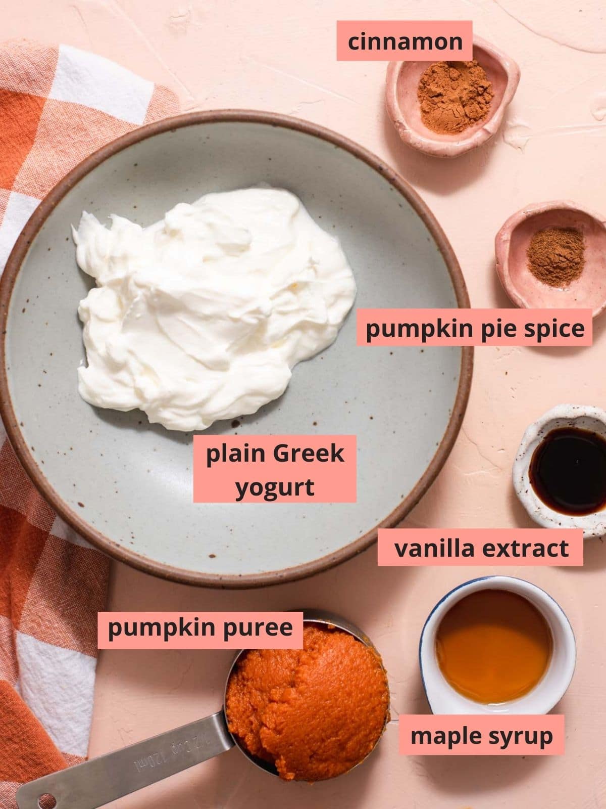 Labeled ingredients used to make pumpkin pie dip