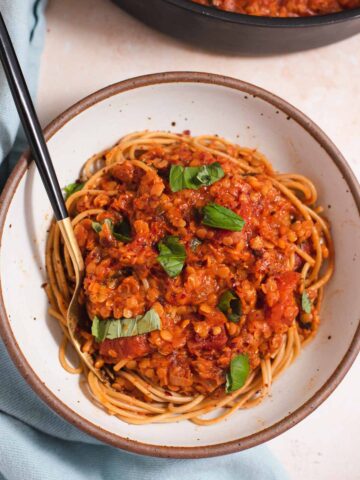 Spaghetti topped with red lentil tomato sauce and pieces of basil in a white bowl
