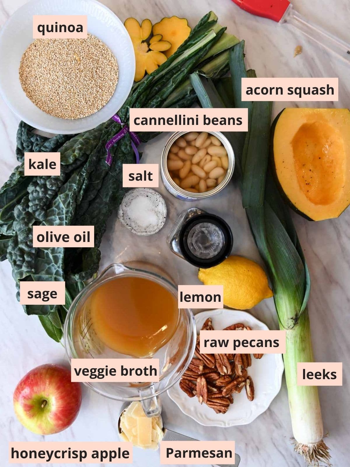 Labeled ingredients used to make acorn squash