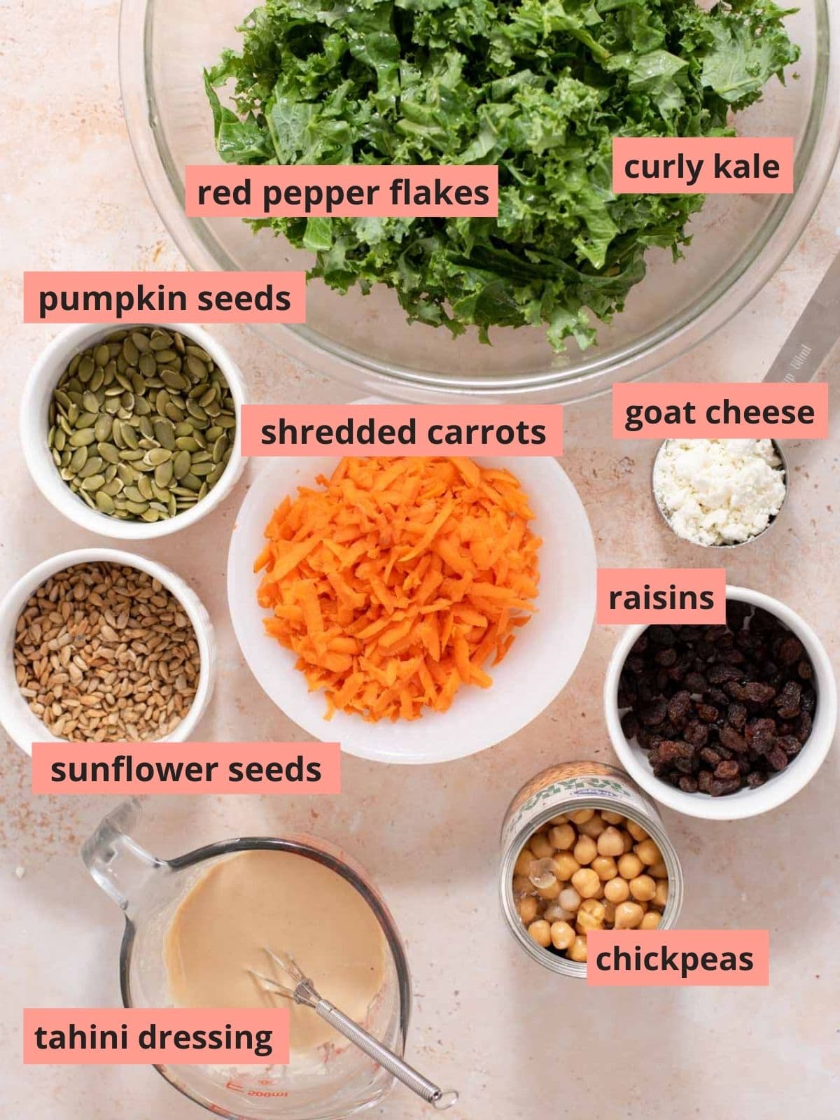 Labeled ingredients used to make kale salad