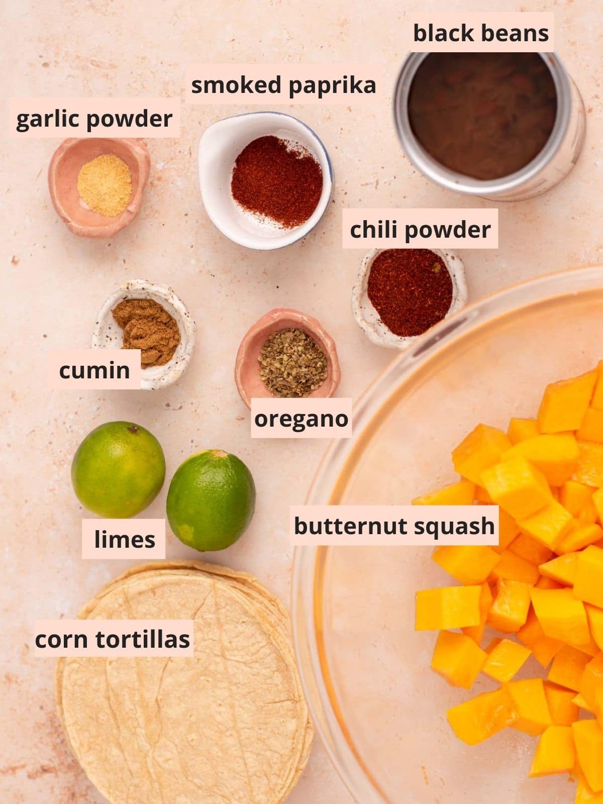 Labeled ingredients used to make butternut squash tacos