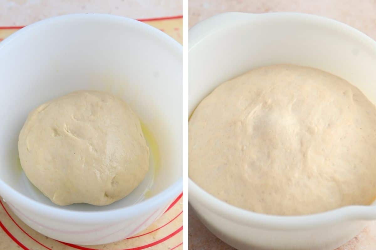 Dough in white bowl before and after doubling in size