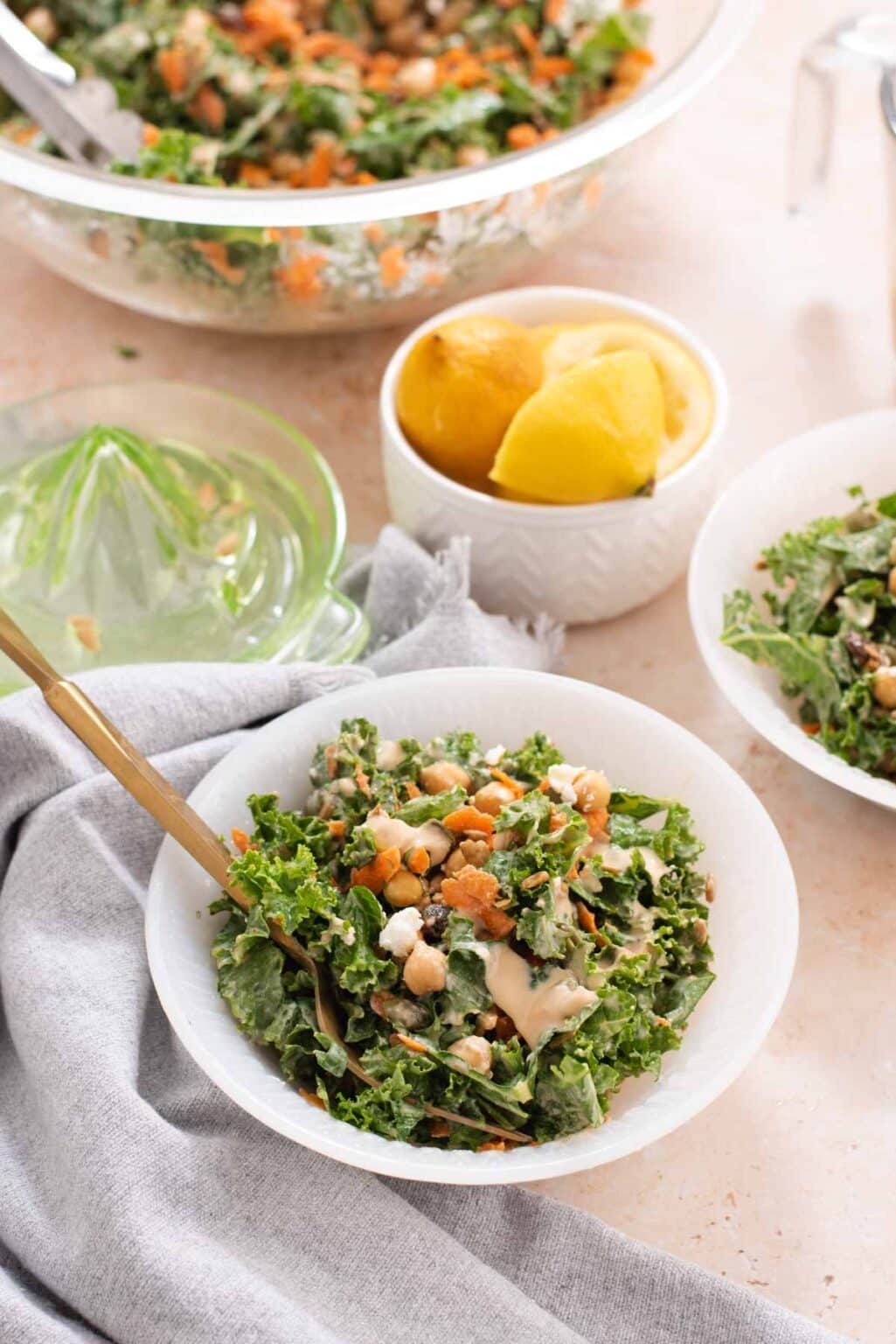 Kale Chickpea Salad with Lemon Tahini Dressing - Cozy Peach Kitchen