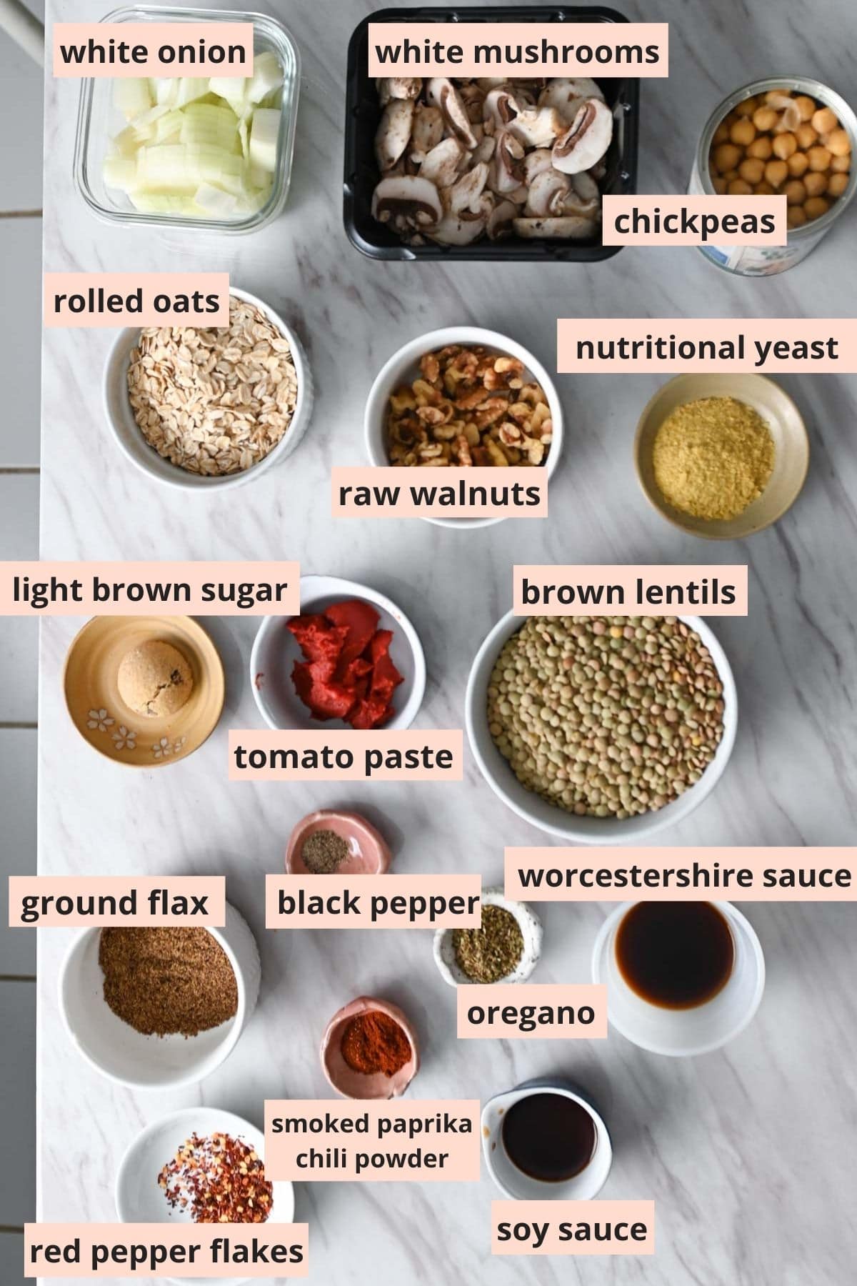 Labeled ingredients used to make lentil loaf