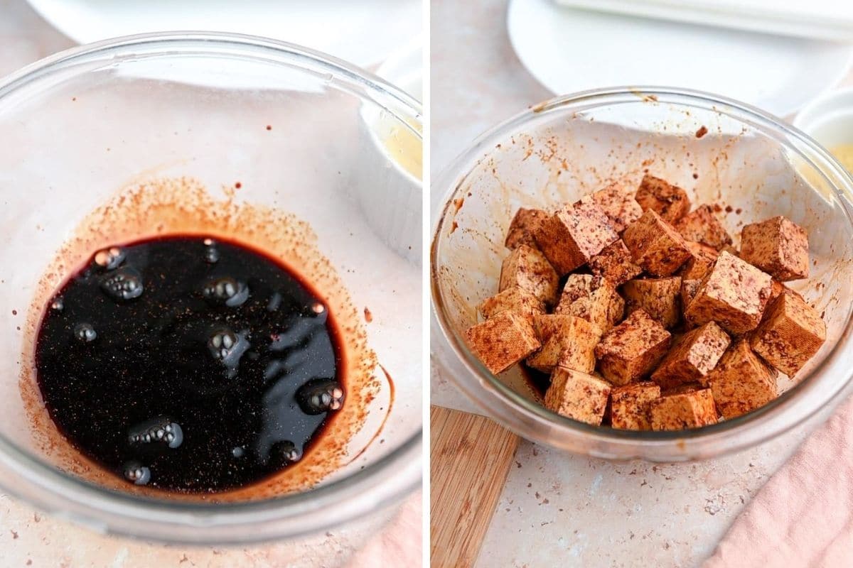 Glass bowl filled with black sauce and glass bowl filled with brown tofu cubes