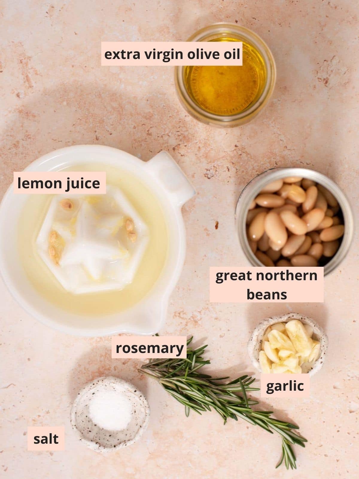 Labeled ingredients used to make white bean dip