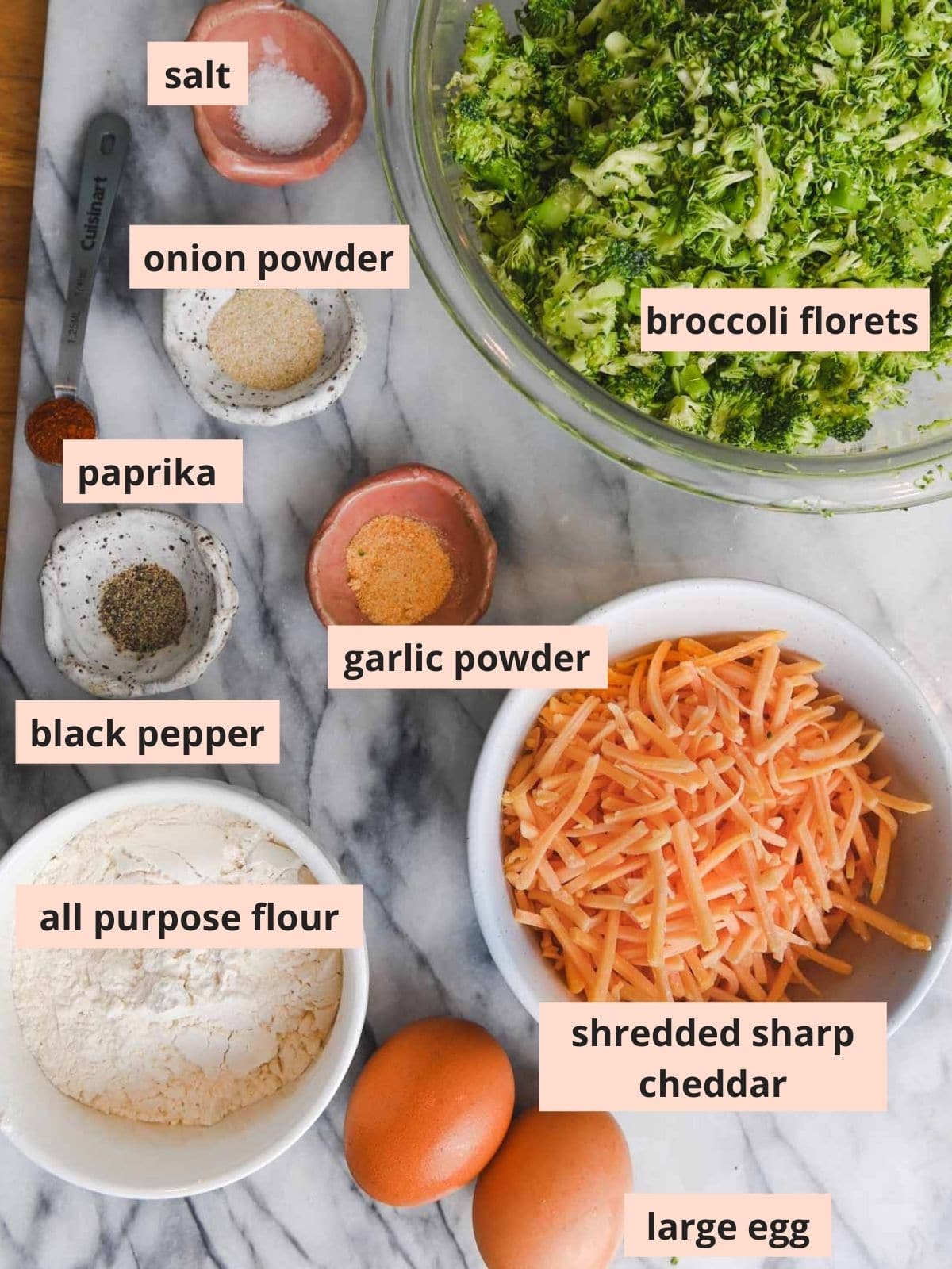 Labeled ingredients used to make broccoli fritters