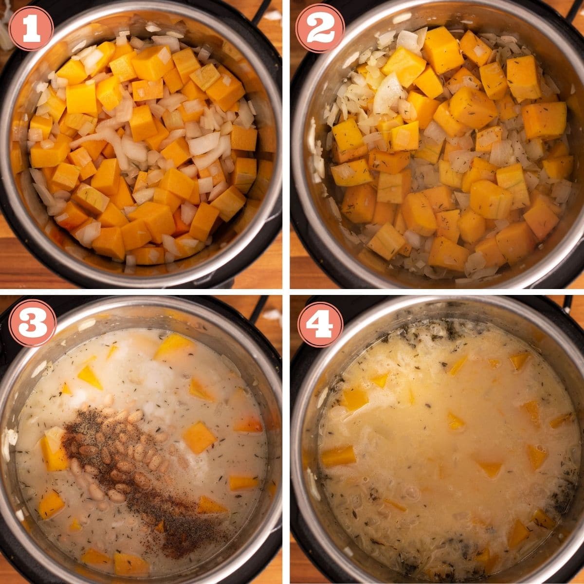 Steps 1 through 4 to make butternut squash soup