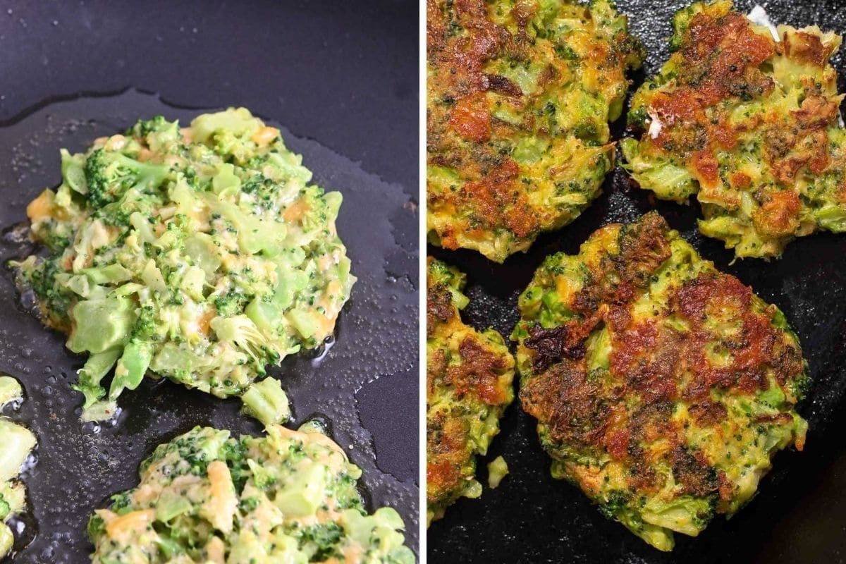 Broccoli fritter on black cast iron skillet before and after flipping