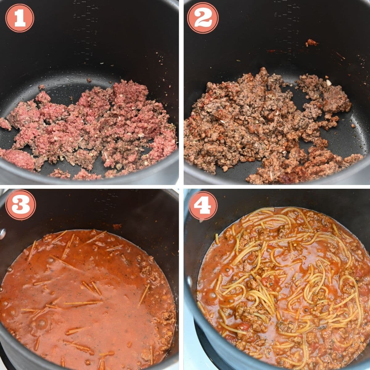 Steps 1 through 4 to make spaghetti.
