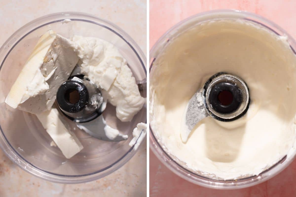 Feta in clear food processor before and after whipping.