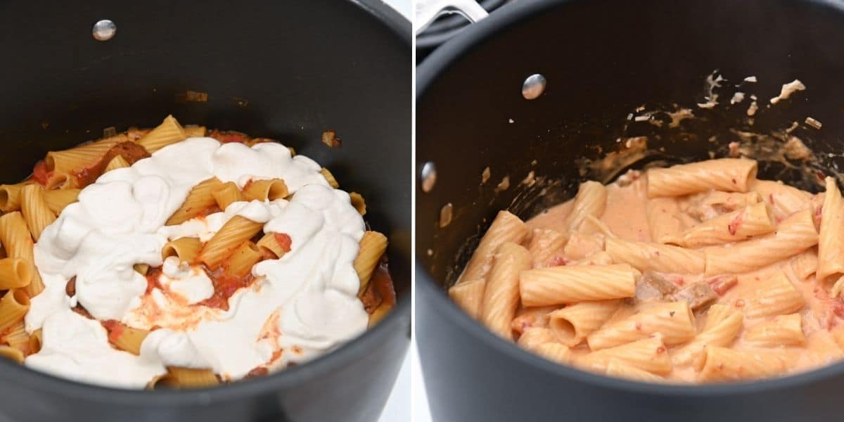 White cashew cream on rigatoni before and after being stirred in