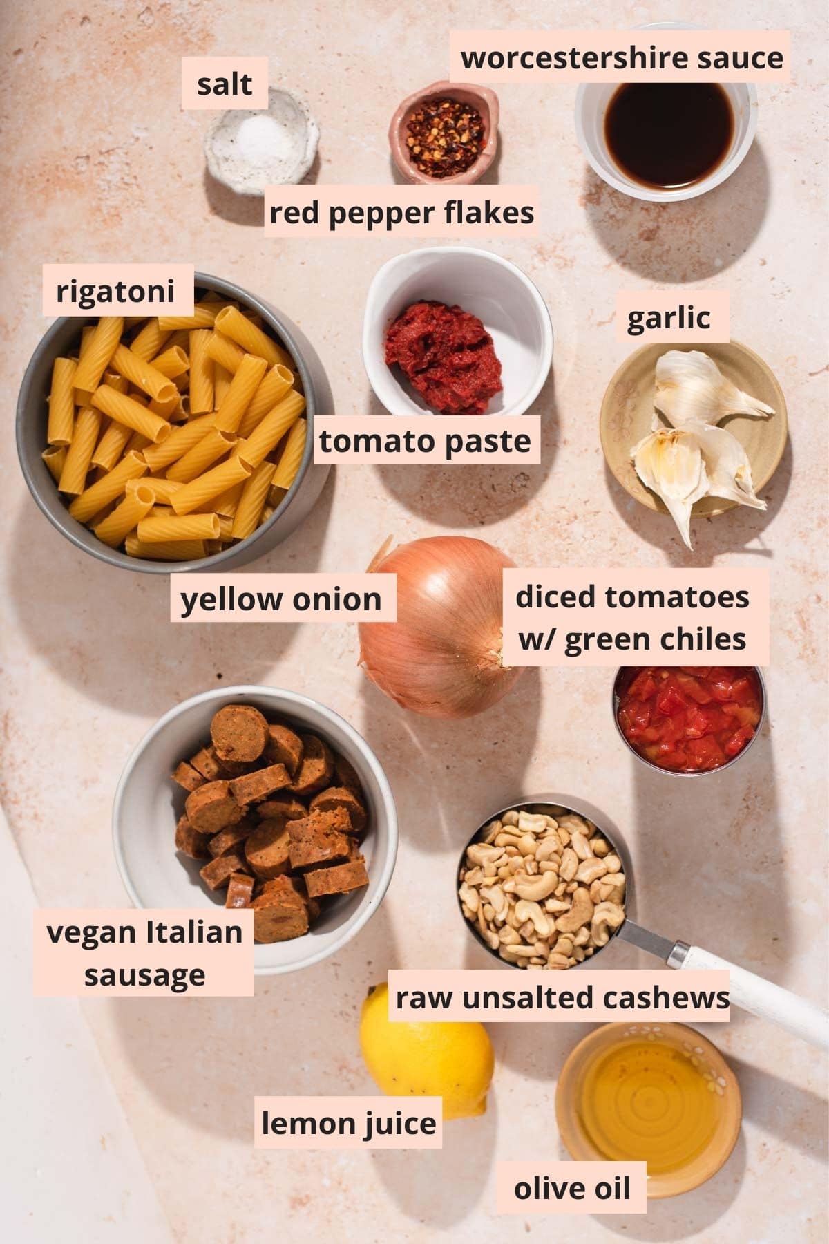 Labeled ingredients used to make spicy pasta