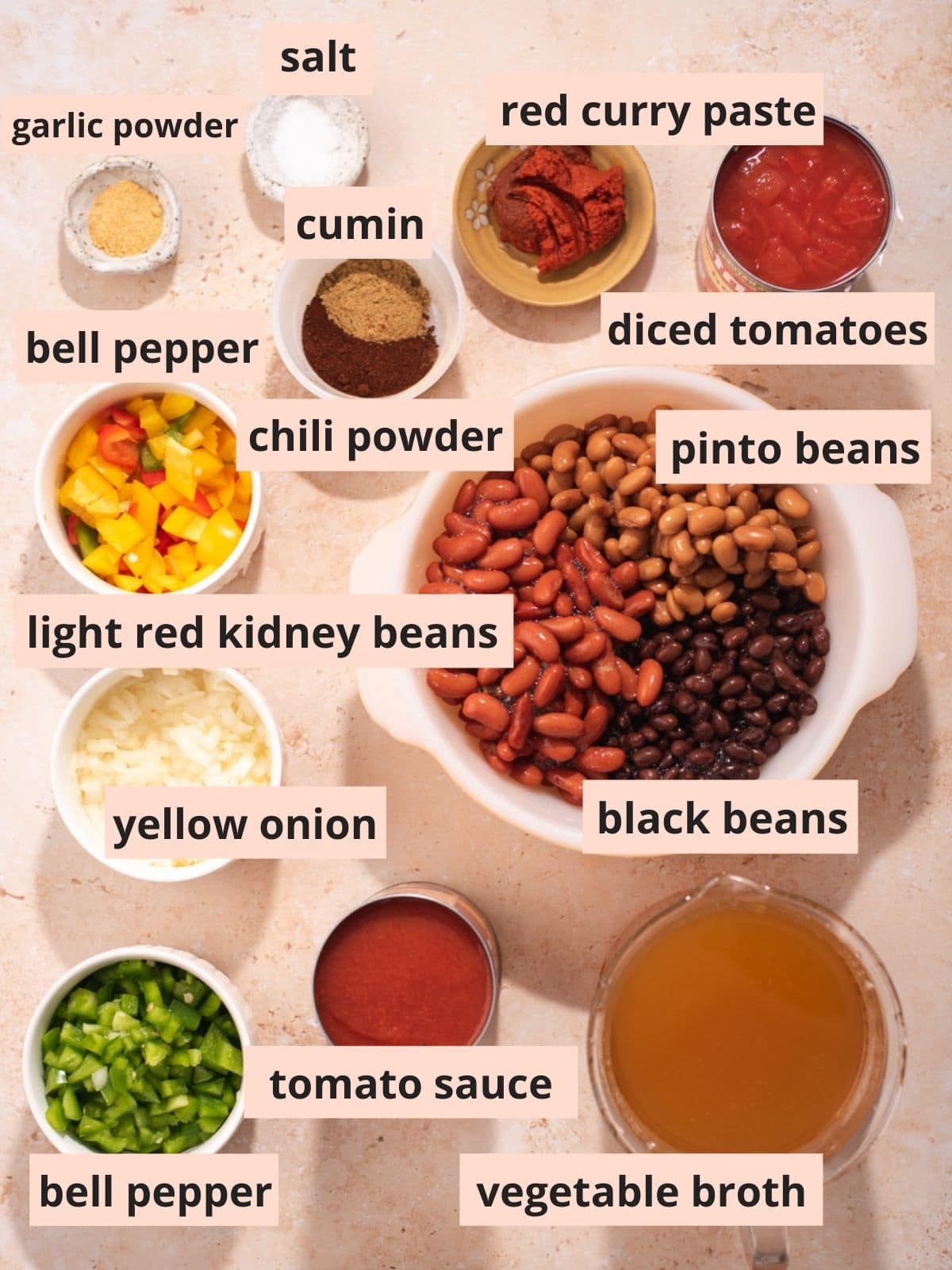 Labeled ingredients used to make chili