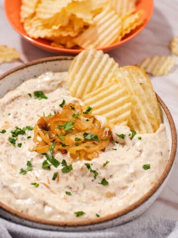 Side view of onion dip in bowl with three potato chips