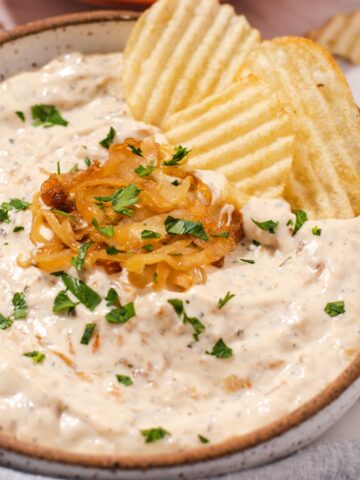 Side view of onion dip in bowl with three potato chips