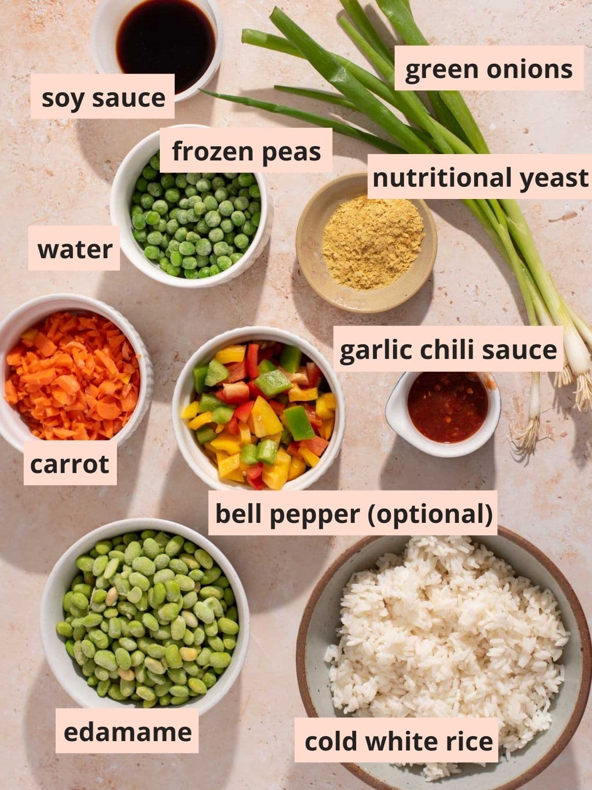 Labeled ingredients used to make fried rice