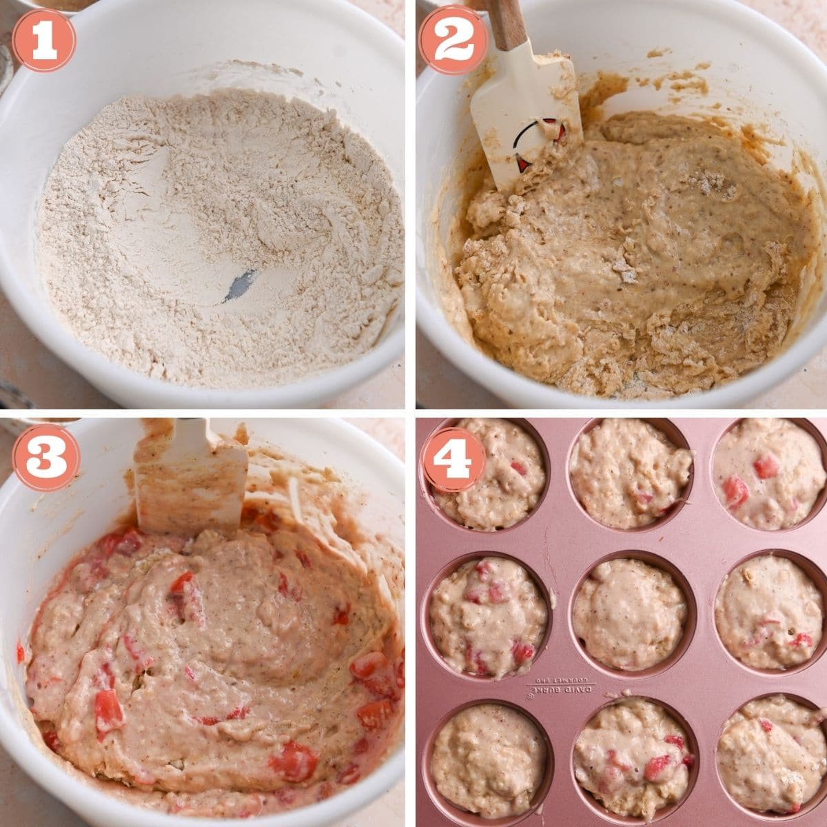 Steps showing how to make strawberry muffins.