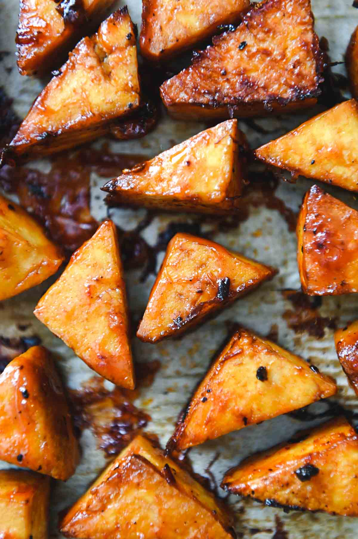 Overhead view of triangles of BBQ tofu.