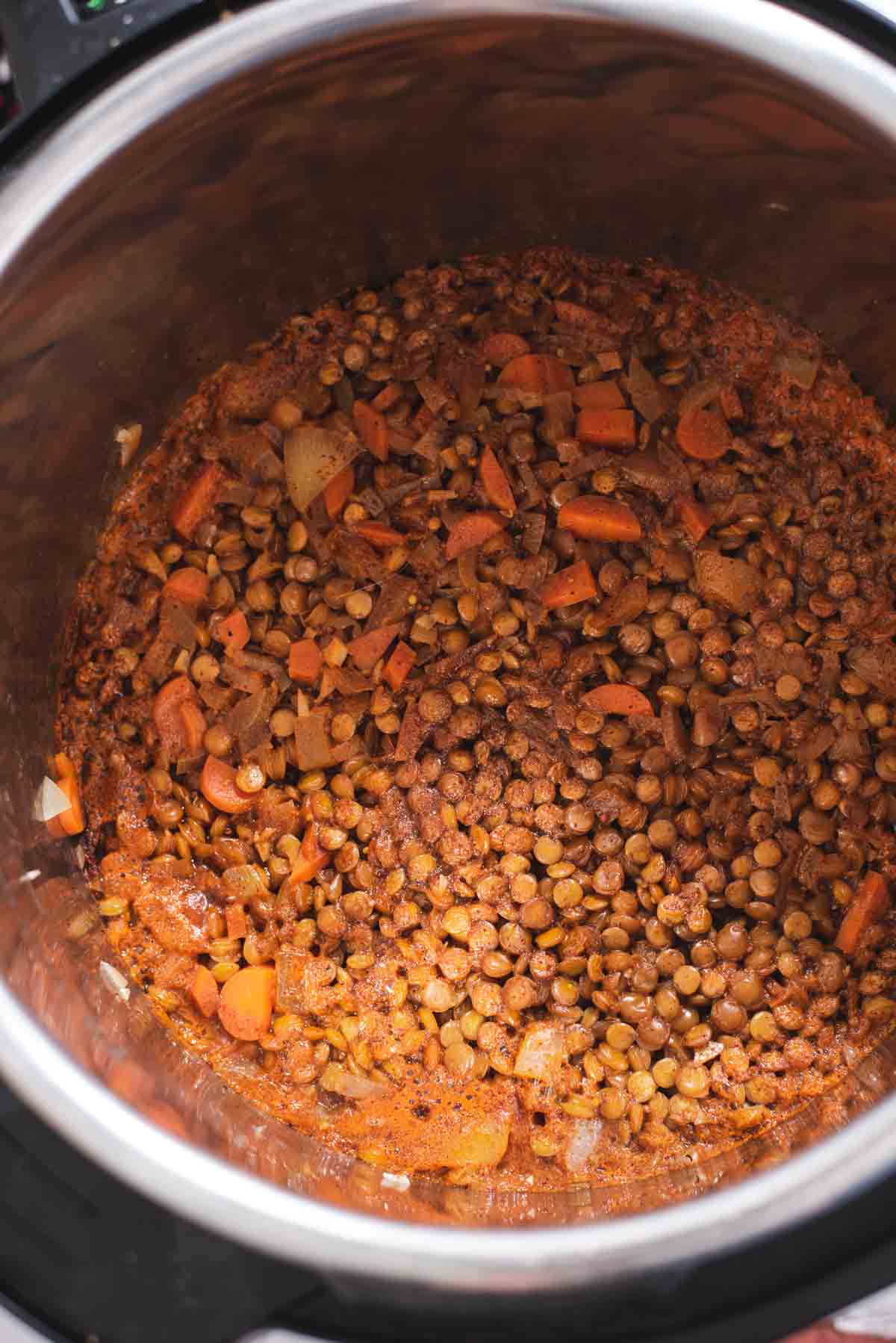 Cooked lentils in the Instant Pot.