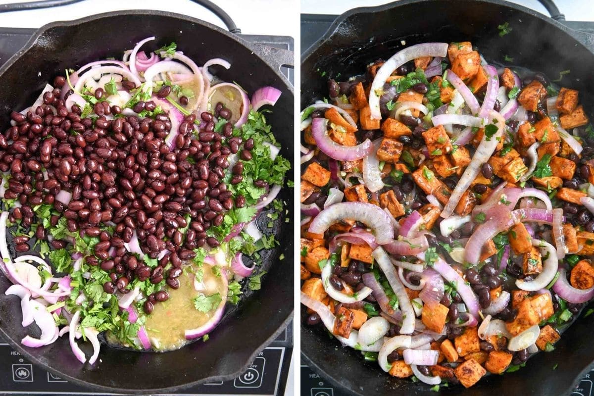 Black bean filling in a cast iron skillet before and after sweet potato is added.