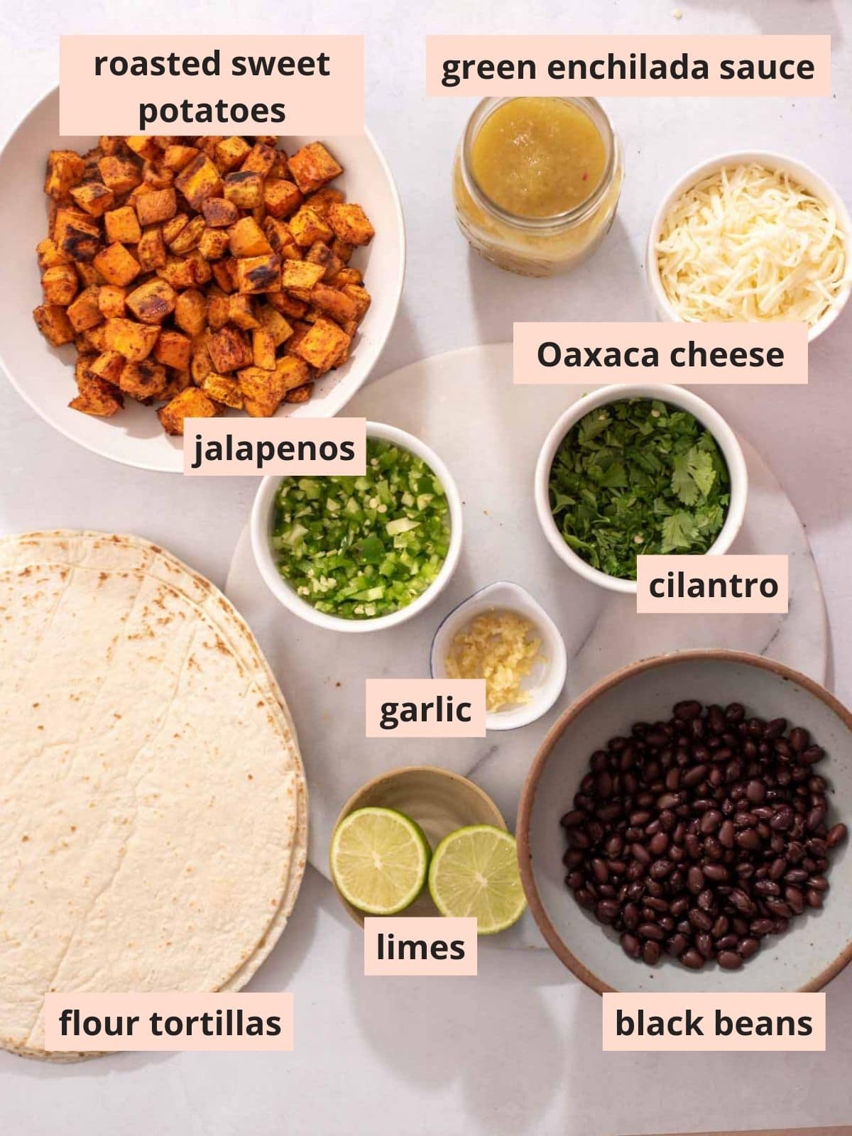 Labeled enchilada ingredients.