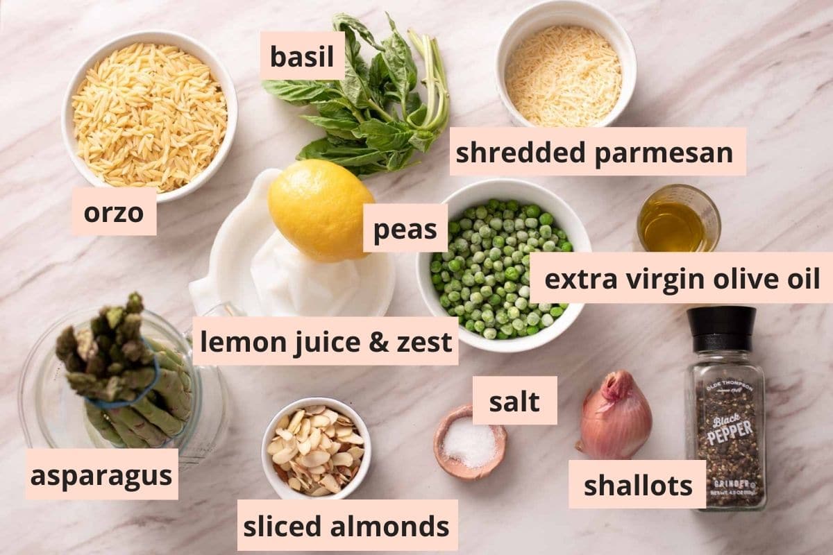 Labeled ingredients used to make lemon orzo salad.