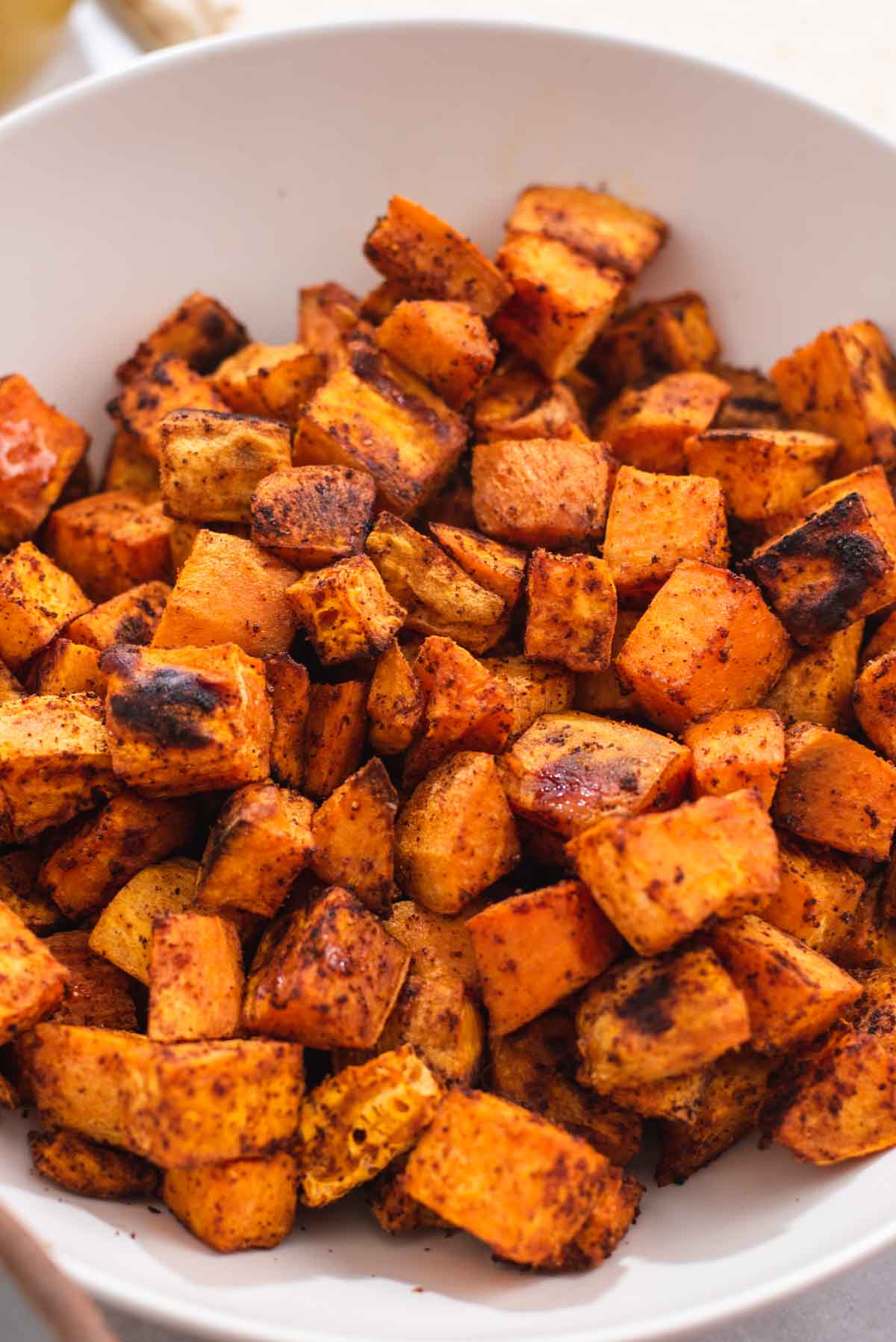 Close up of roasted sweet potatoes.