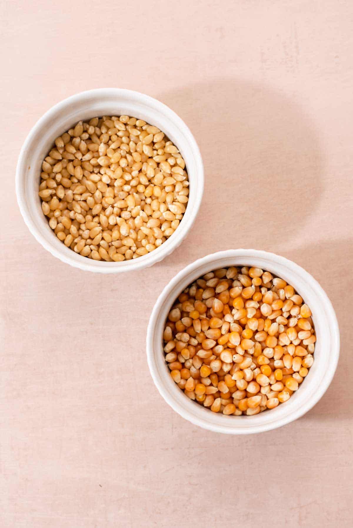 Two white bowls filled with white and yellow popcorn kernels.