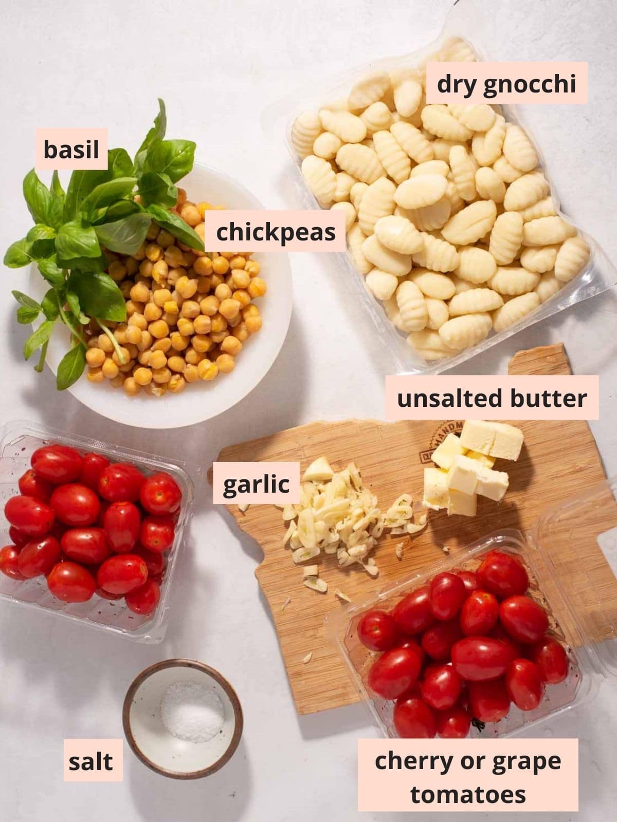 Labeled ingredients used to make tomato gnocchi.