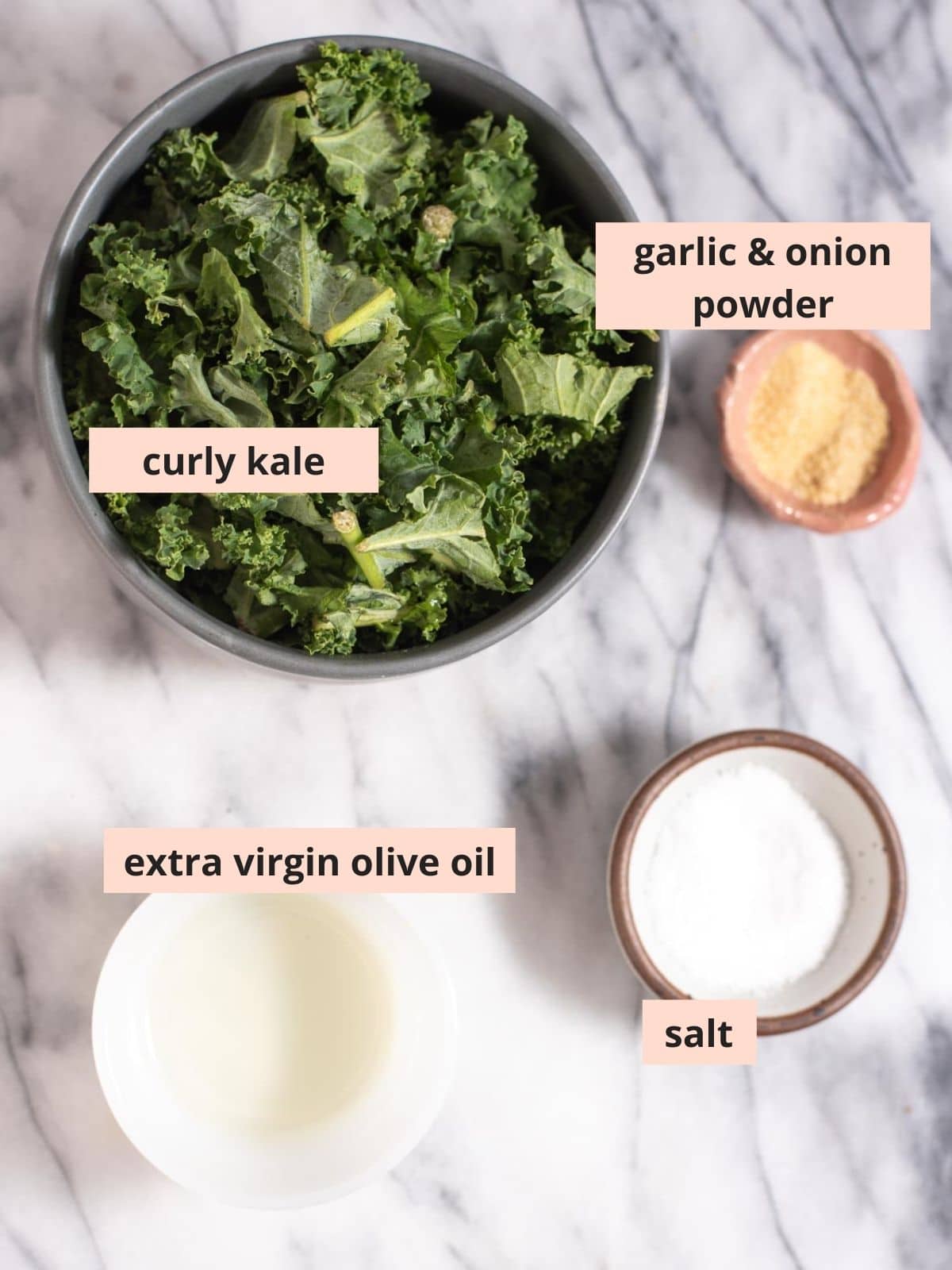 Labeled ingredients used to make kale chips.