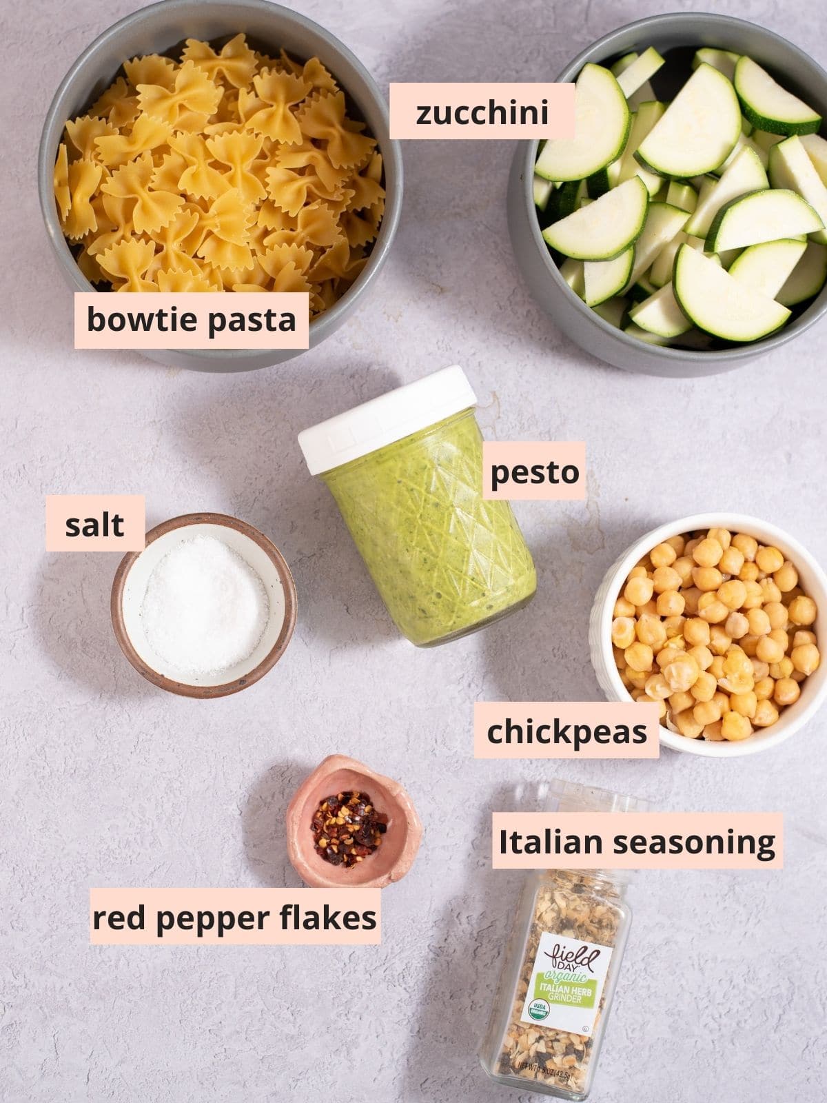 Labeled ingredients used to make pesto pasta.