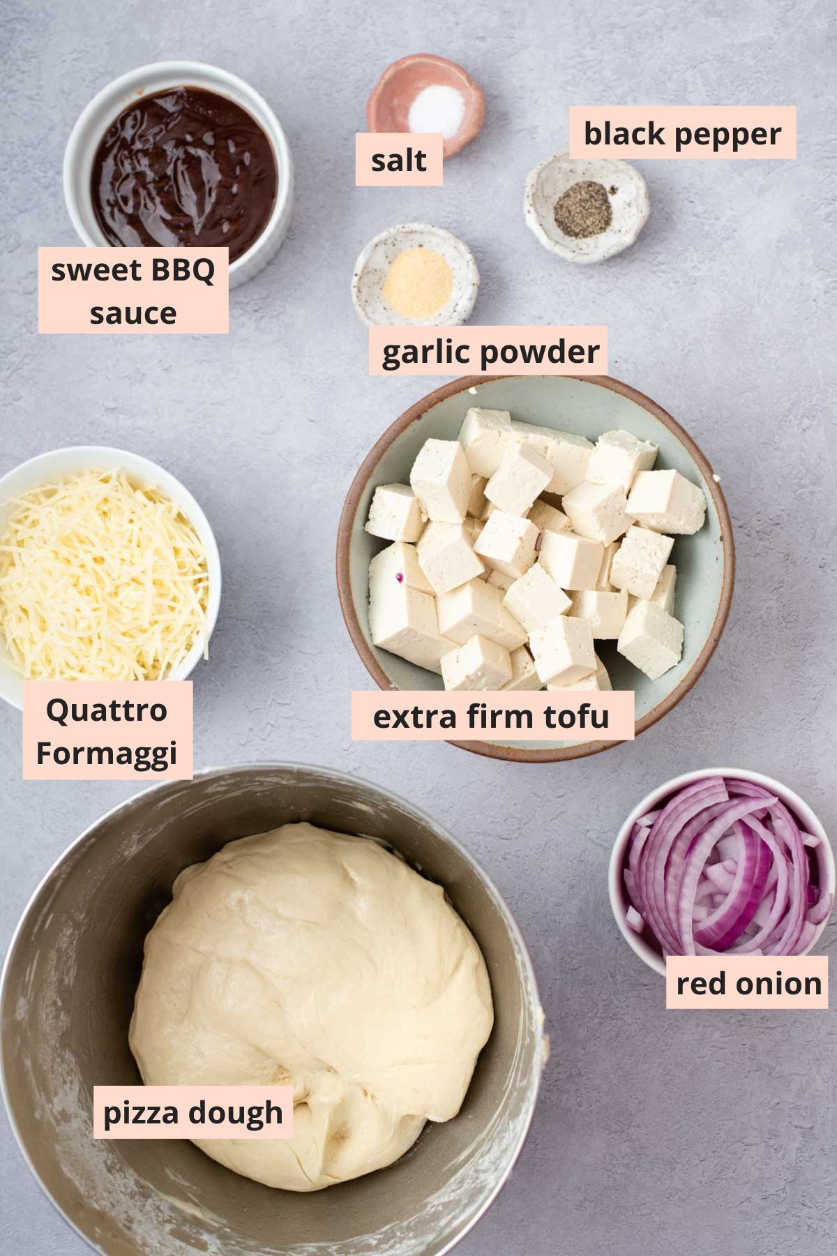 Labeled ingredients used to make BBQ tofu pizza.