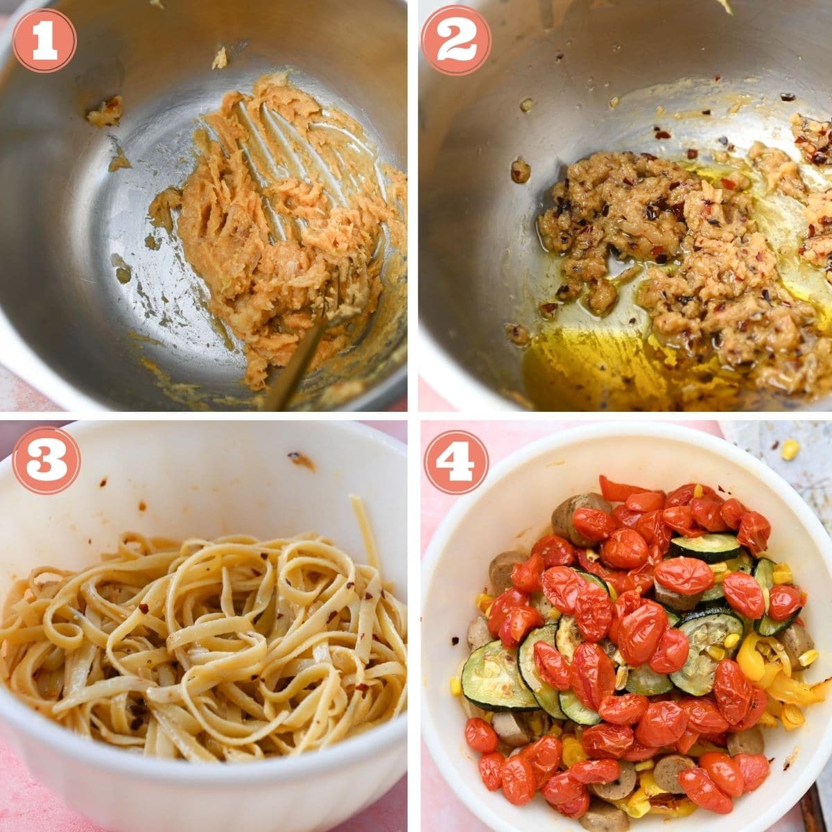 Steps 1 through 4 to make summer vegetable pasta.