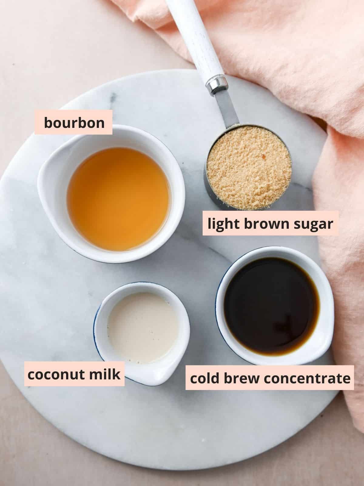 Labeled ingredients used to make cold brew cocktail.