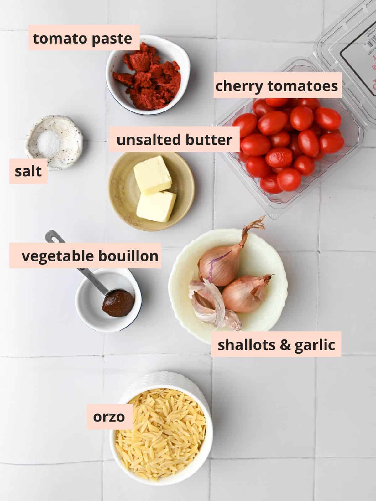 Labeled ingredients used to make cherry tomato orzo.