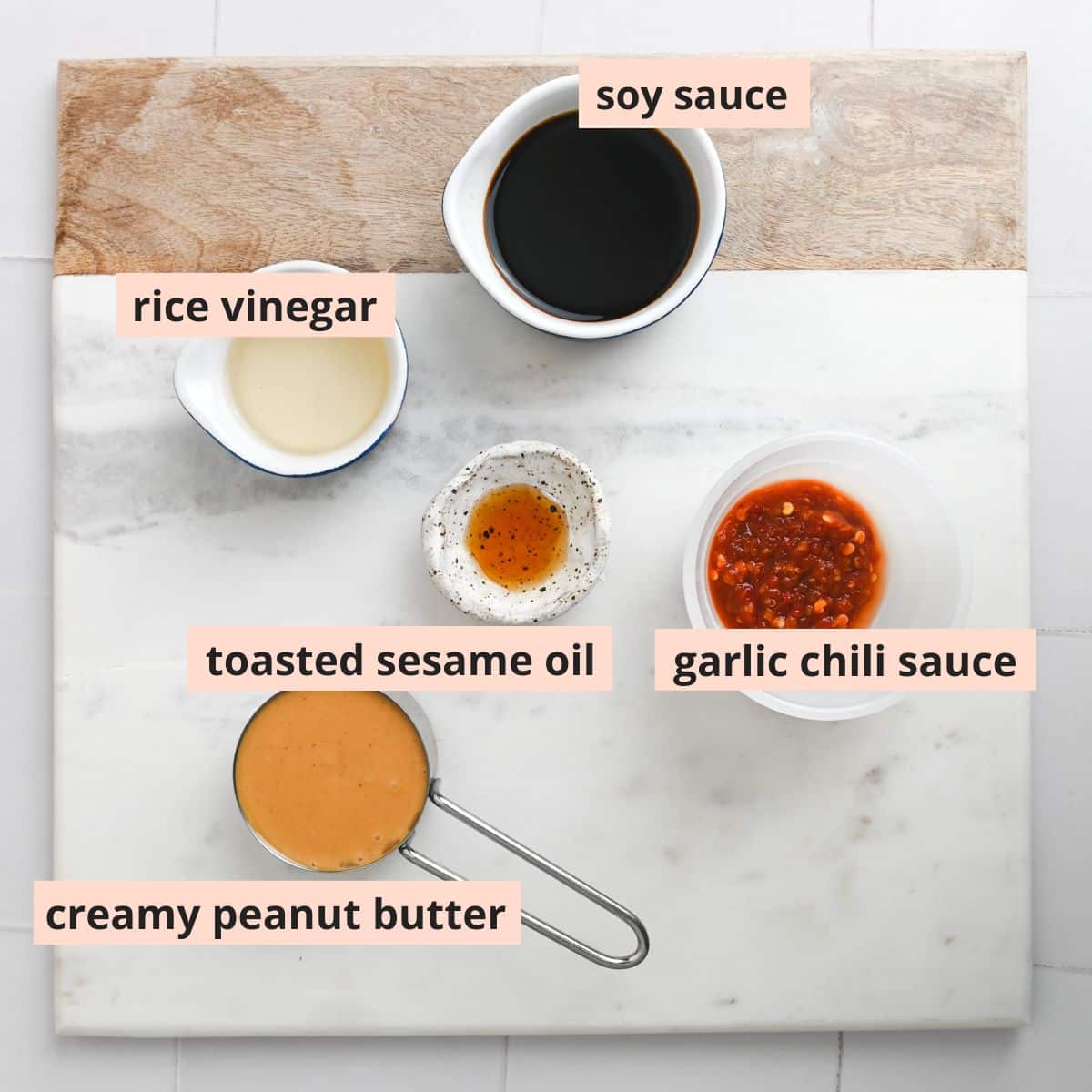 Labeled ingredients used to make peanut sauce.