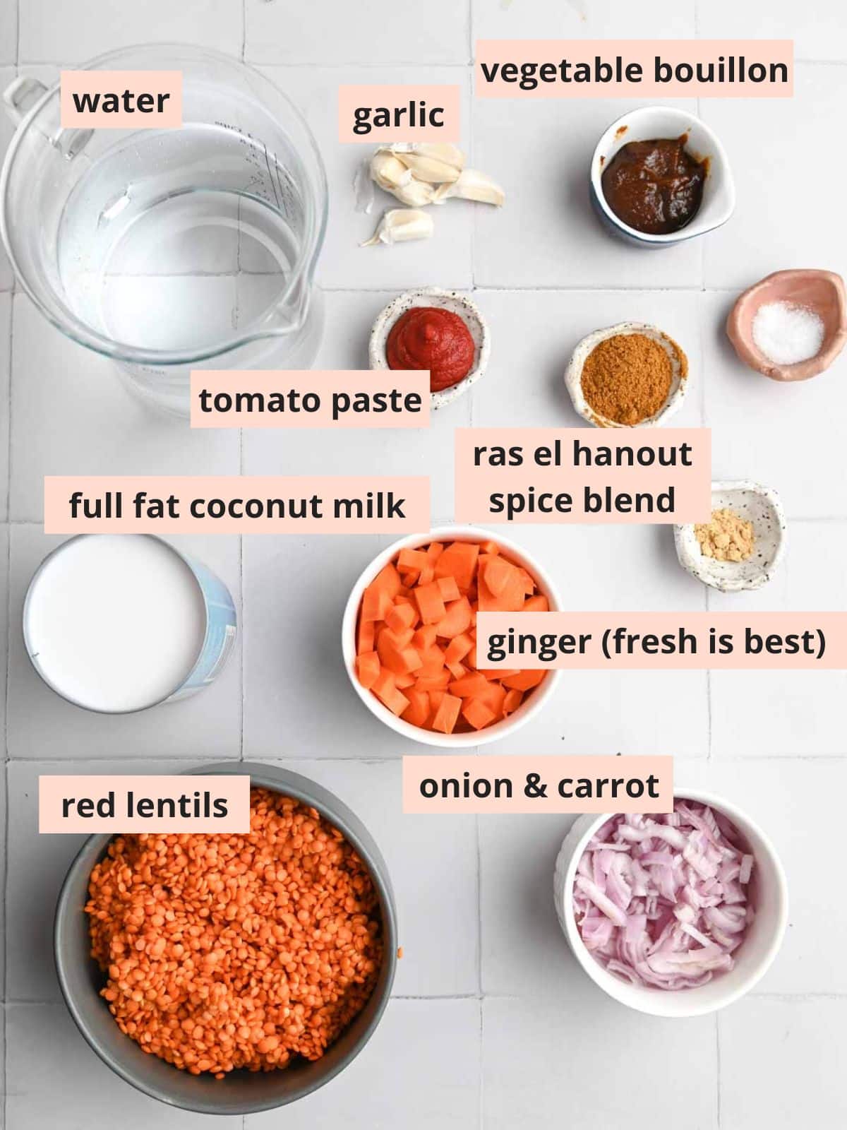 Labeled ingredients used to make lentil stew.
