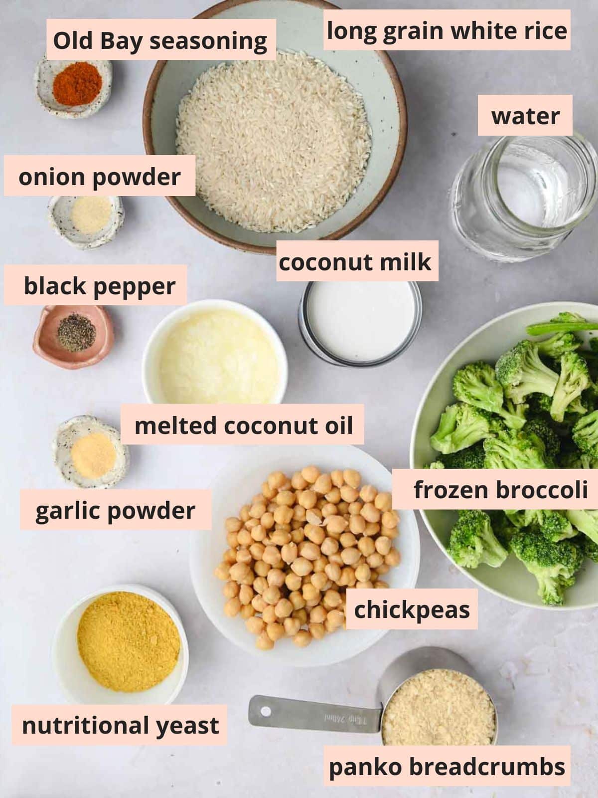 Labeled ingredients used to make broccoli rice casserole.