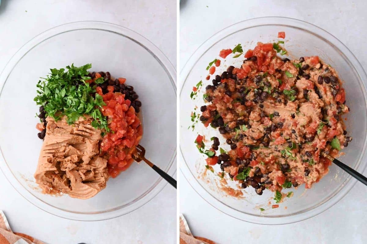 Bean and tomato mixture in a glass bowl before and after mixing together with a gold fork.