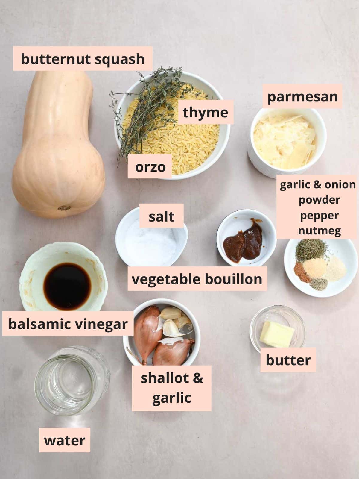 Labeled ingredients used to make butternut squash orzo.