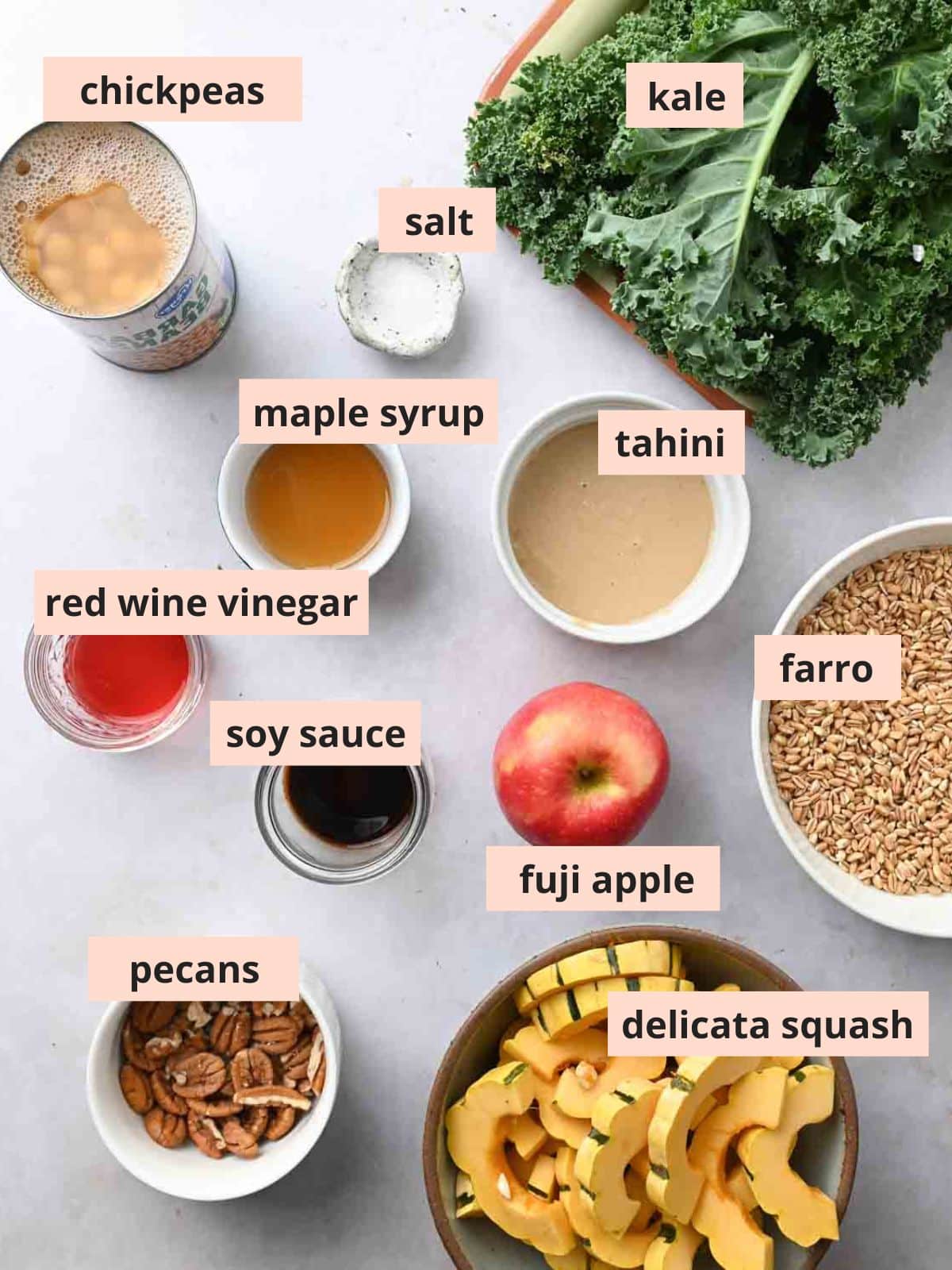 Labeled ingredients used to make grain bowls.