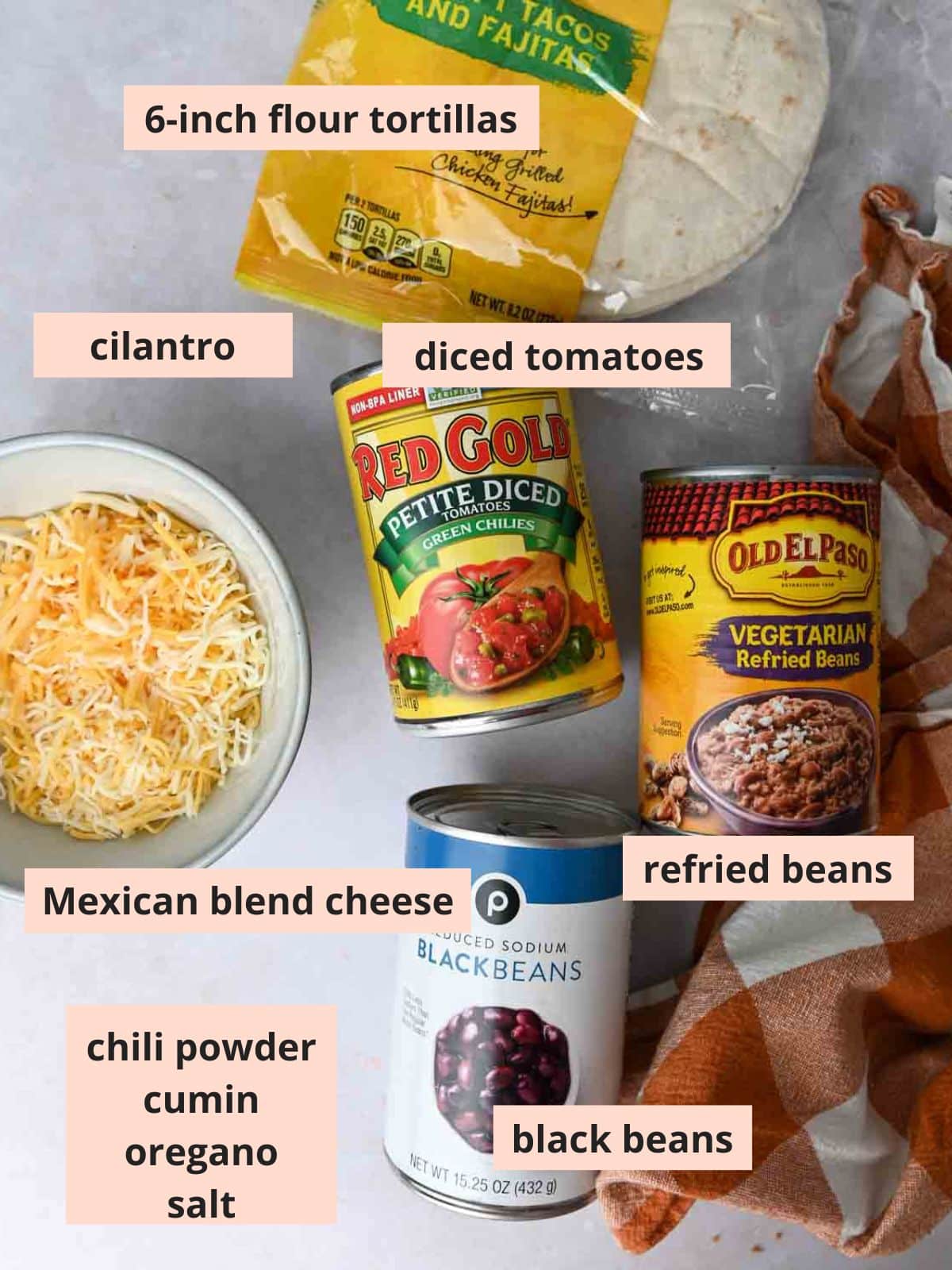 Labeled ingredients used to make baked tacos.