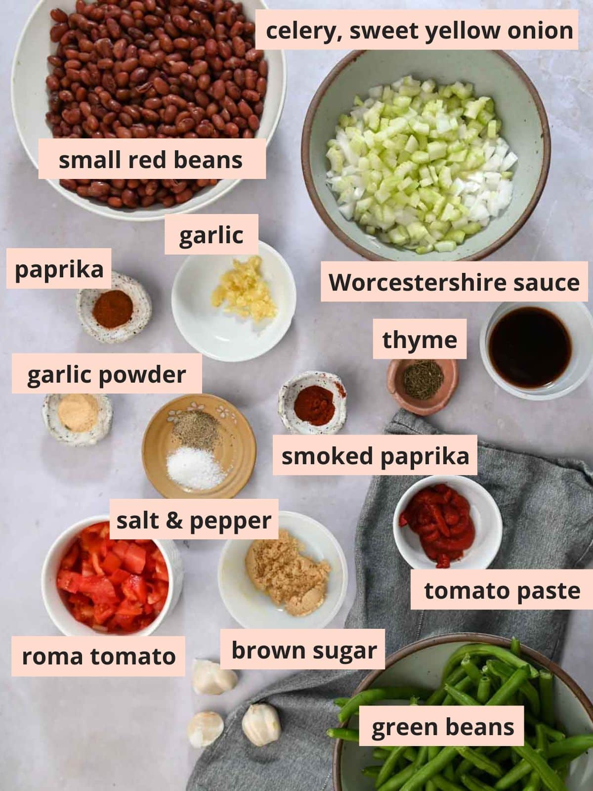 Labeled ingredients to make red bean bowls.