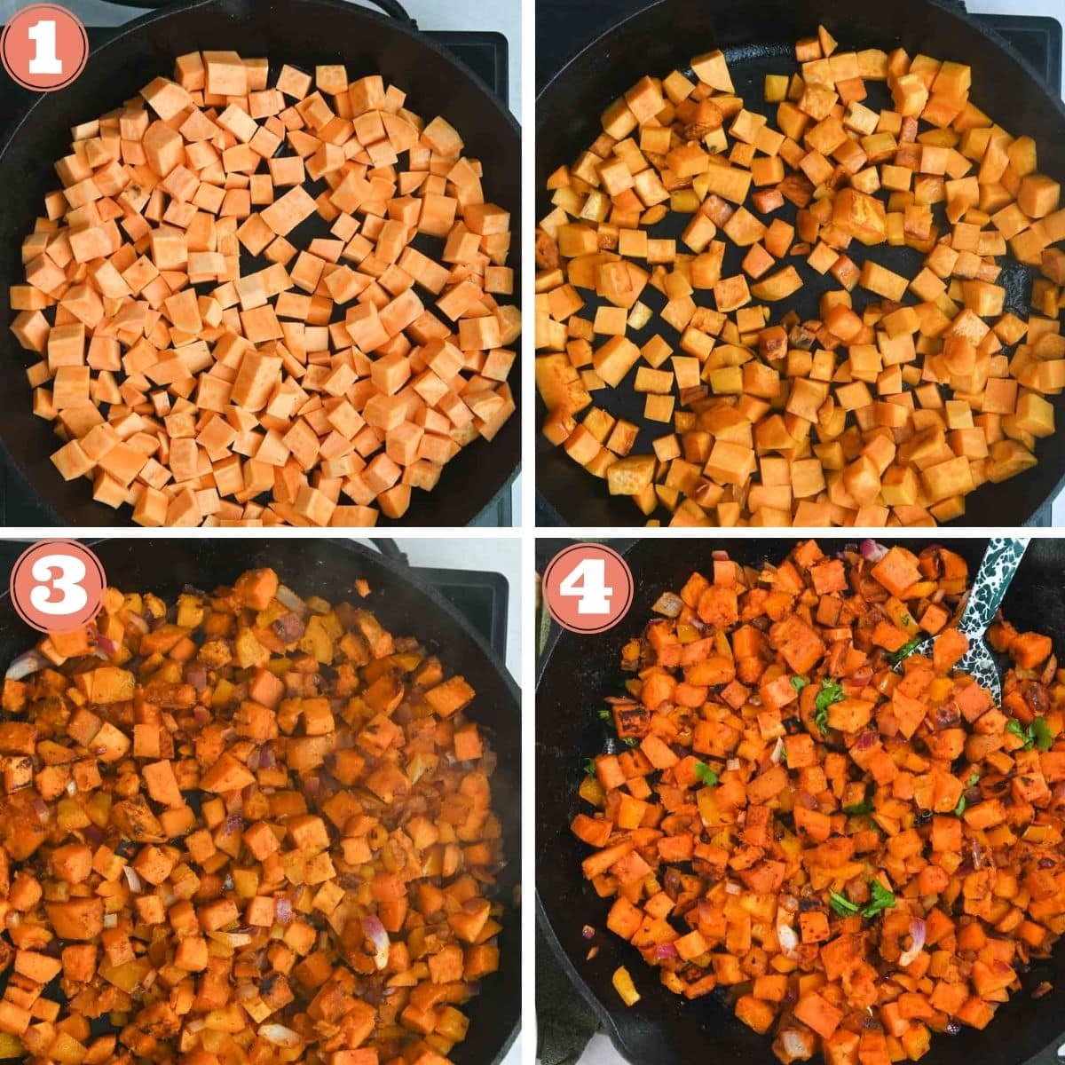 Steps 1 through 4 to make sweet potato hash.